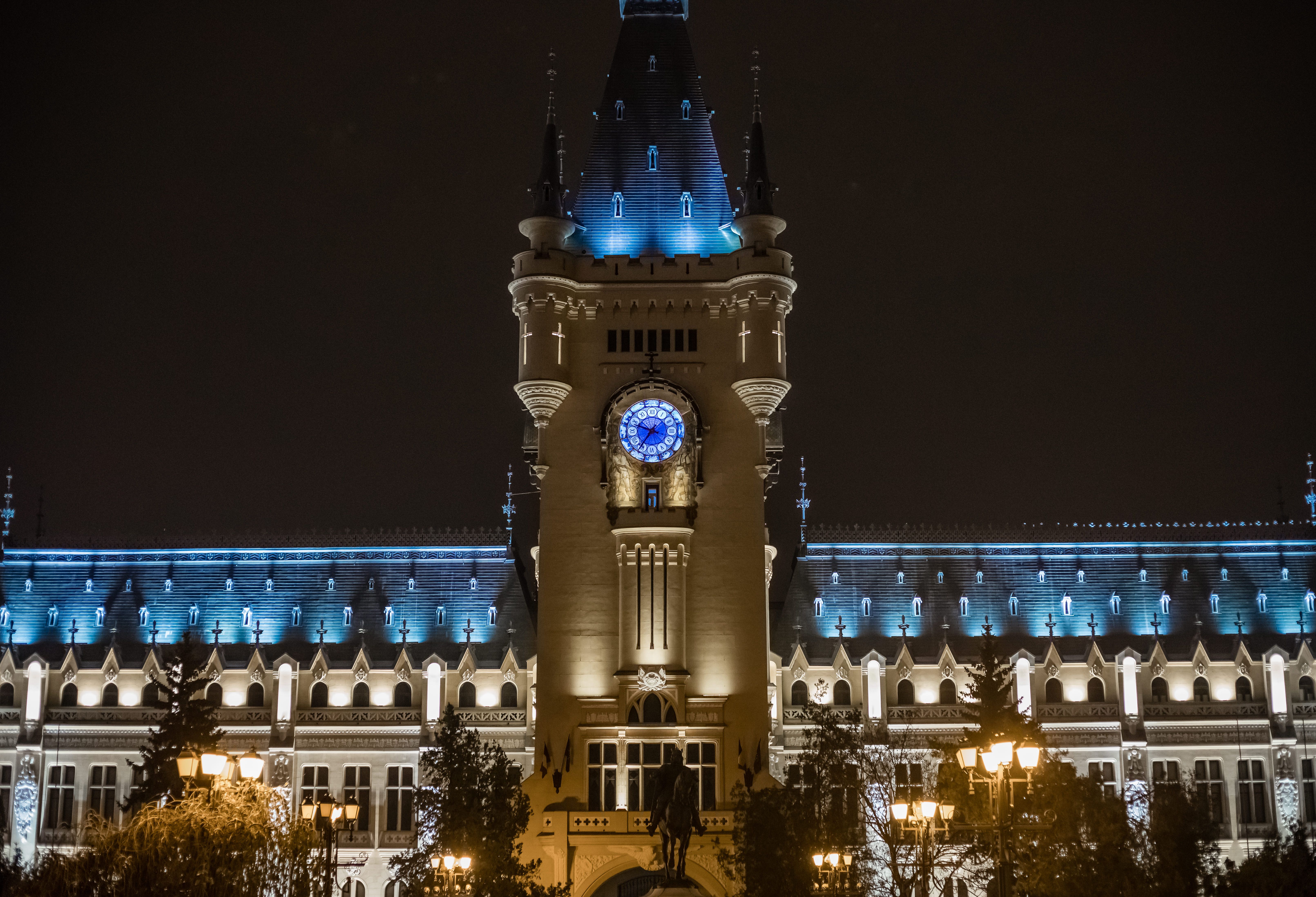 Beautiful Palace of Culture in Iasi illuminated at night